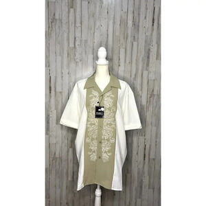 NWT Pronti Men's Size Large Beige‎ Embroidered Short Sleeve Button-Up Shirt